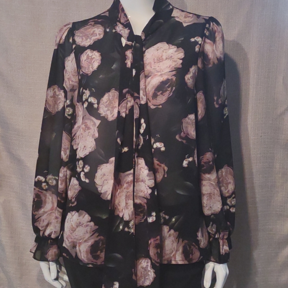 Sheer Black Floral Tie-Neck Blouse